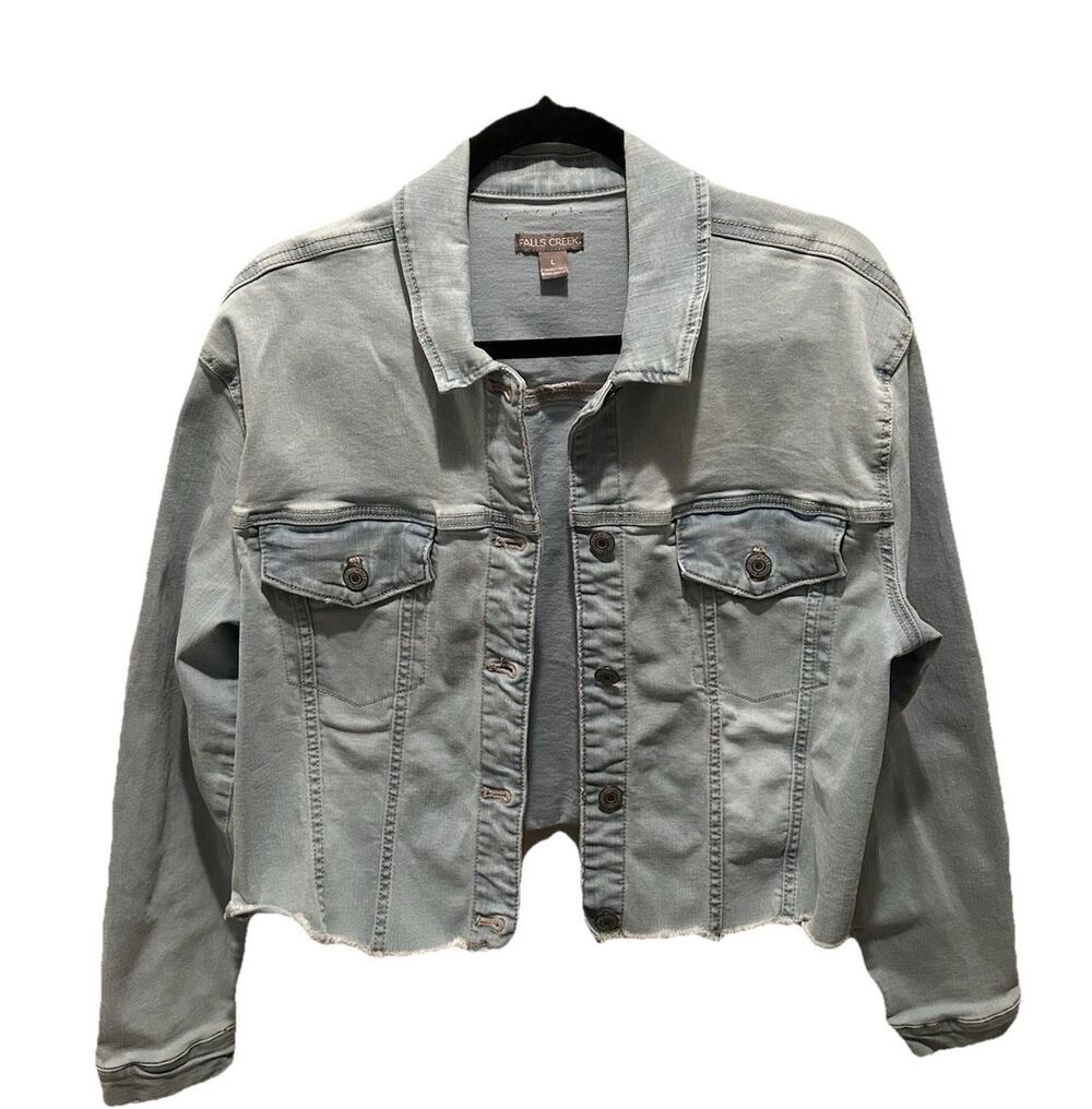 Falls Creek Women’s Cropped Blue Light Wash Jean Jacket Size L